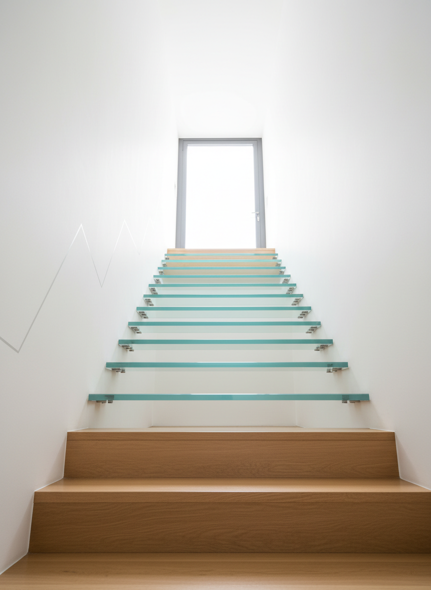 A staircase made of light oak wood steps transitioning seamlessly into sleek, floating glass steps near the top, symbolizing evolving levels of leadership. The staircase rises along a white gallery wall that features a subtle, abstract line graph etched into the surface, gradually ascending. Soft, diffused skylight from above bathes the scene in an even glow, creating delicate reflections along the glass edges and soft shadows beneath each step. Captured in photographic realism from a low, upward-looking angle, the composition draws the eye toward a bright, inviting opening at the top. The atmosphere is optimistic, forward-looking, and professional, conveying the journey from potential to high-level impact in a modern, aspirational setting.