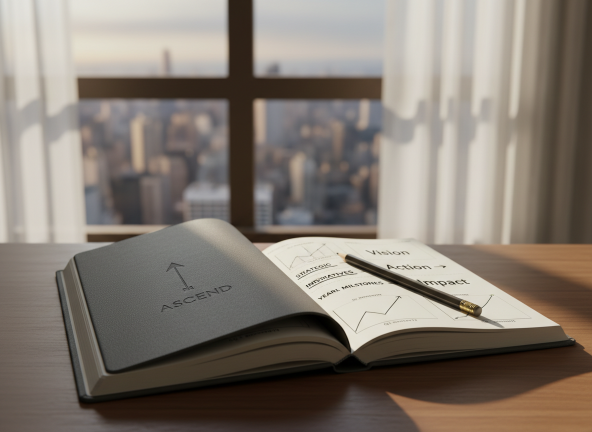 A sleek, hardcover leadership journal lying open on a walnut desk, its cream pages filled with neatly sketched growth charts and bold, underlined goals. A finely sharpened graphite pencil rests diagonally across a page that reads “Vision → Action → Impact” in precise, modern lettering. The desk is positioned near a tall window overlooking a softly blurred city skyline. Late-afternoon natural light streams in, creating gentle highlights along the journal’s embossed cover and casting calm, elongated shadows. Photographic realism, shot from a slightly elevated angle with a shallow depth of field, emphasizing clarity, focus, and ambition. The atmosphere is professional, quietly confident, and purpose-driven, with a clean, modern aesthetic that reflects personal growth and strategic development.