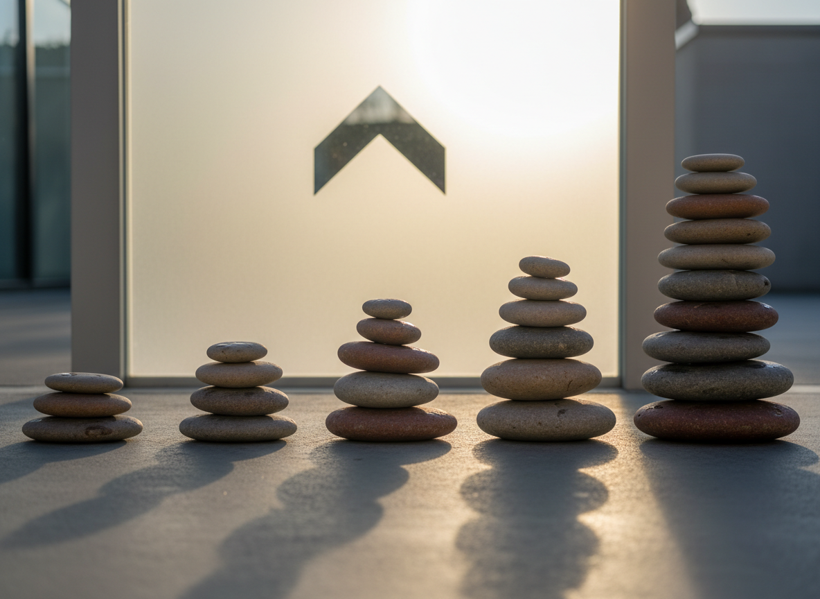 A precise arrangement of five differently sized, polished stone cairns placed on a smooth concrete surface, each stack increasing in height from left to right. Behind them, a frosted glass panel features a faint, upward-trending arrow etched into its surface, barely visible until light catches it. Warm golden-hour sunlight enters from the side, casting elongated, overlapping shadows of the cairns and creating a gentle gradient of light across the glass. Photographic realism, captured at eye level with a medium depth of field so the foreground cairns are crisp while the glass arrow remains softly present in the background. The atmosphere is steady, grounded, and aspirational, visually representing balanced leadership growth and deliberate, real-world development.