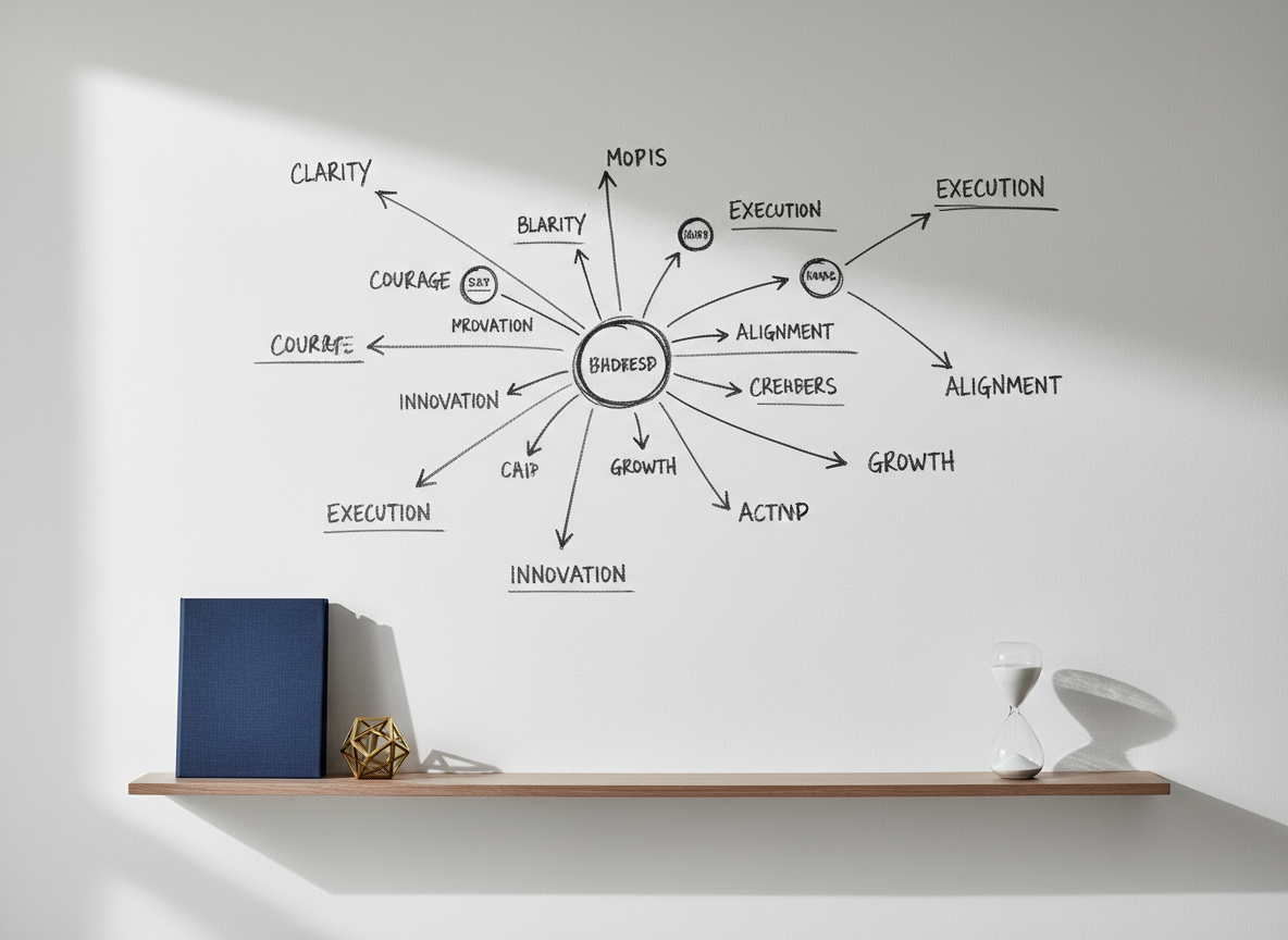 An elegant, uncluttered workspace featuring a large, matte white wall with a bold, hand-drawn roadmap sketched in charcoal: branching arrows, milestones, and circles labeled with abstract concepts like “Clarity,” “Courage,” and “Execution.” Below, a slim ash-wood shelf holds a single, closed navy-blue binder with a subtle linen texture, a geometric metal paperweight shaped like a dodecahedron, and a sand timer mid-flow. Soft, indirect studio lighting creates an even, shadow-kissed glow, emphasizing form without harsh contrasts. Photographic realism, framed in a wide-angle shot that leaves ample breathing room around the central elements. The mood is strategic, thoughtful, and professional, evoking the process of turning leadership insight into structured, actionable growth plans.