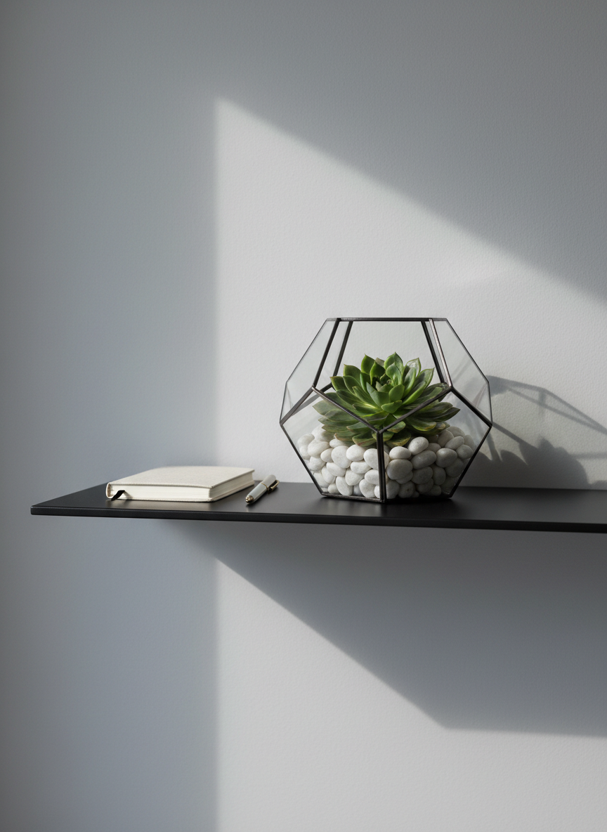 A minimalist glass terrarium shaped like a faceted prism, containing a single resilient green succulent surrounded by carefully arranged smooth white stones. The terrarium sits atop a matte black metal shelf against a soft gray wall, accompanied only by a small, closed notebook with a subtle linen texture and a slim silver pen. Cool morning daylight filters in from an unseen side window, creating crisp reflections on the glass edges and gentle shadows on the wall. Photographic realism with an eye-level composition and generous negative space, evoking clarity, focus, and intentional growth. The mood is calm, disciplined, and aspirational, symbolizing steady leadership development in a clean, modern environment.